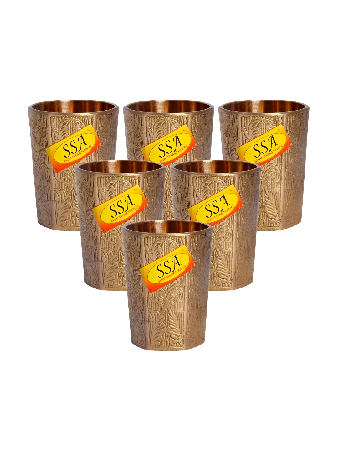 

Shivshakti Arts Copper Toned 6 Pieces Satkon Design Brass Glasses 180 ml Each