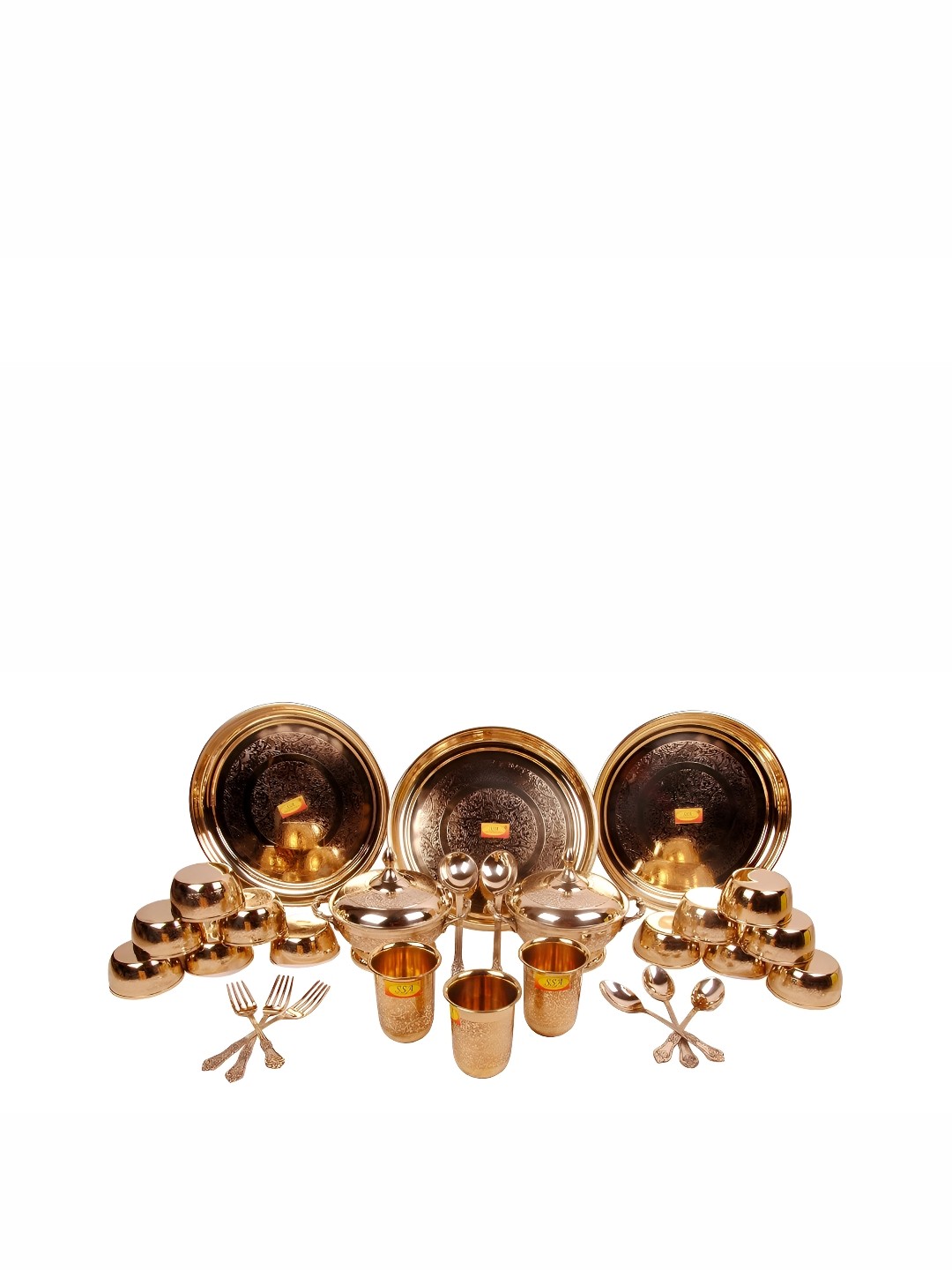 

Shivshakti Arts Copper Toned 28 Pieces Pieces Brass Glossy Dinner Set