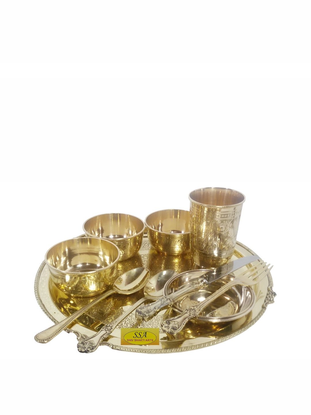 Shivshakti Arts Gold Toned 10 Pieces Brass Glossy Dinner Set