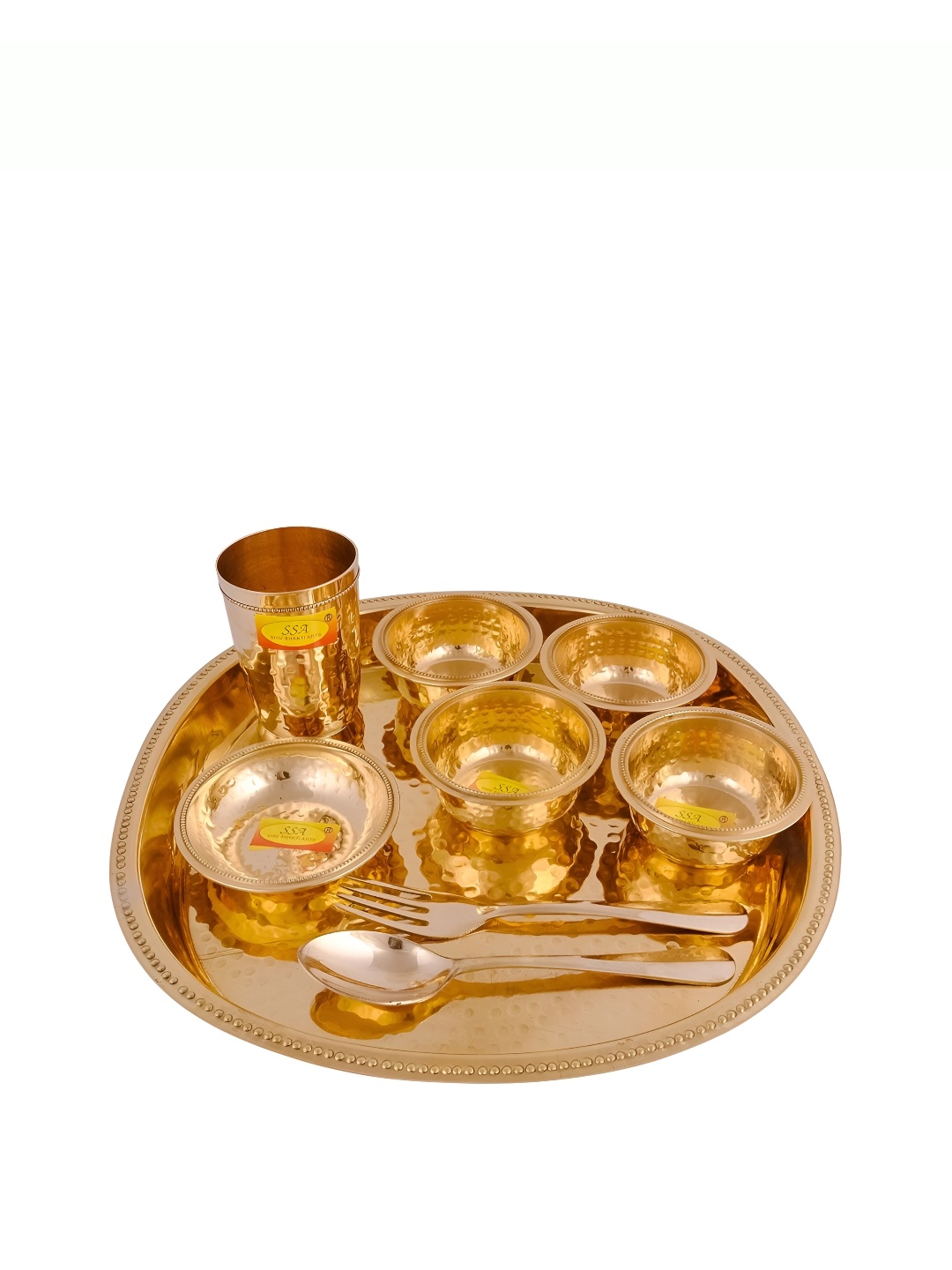 

Shivshakti Arts Yellow 9 Pieces Glossy Brass Hammered Design Dinner Set