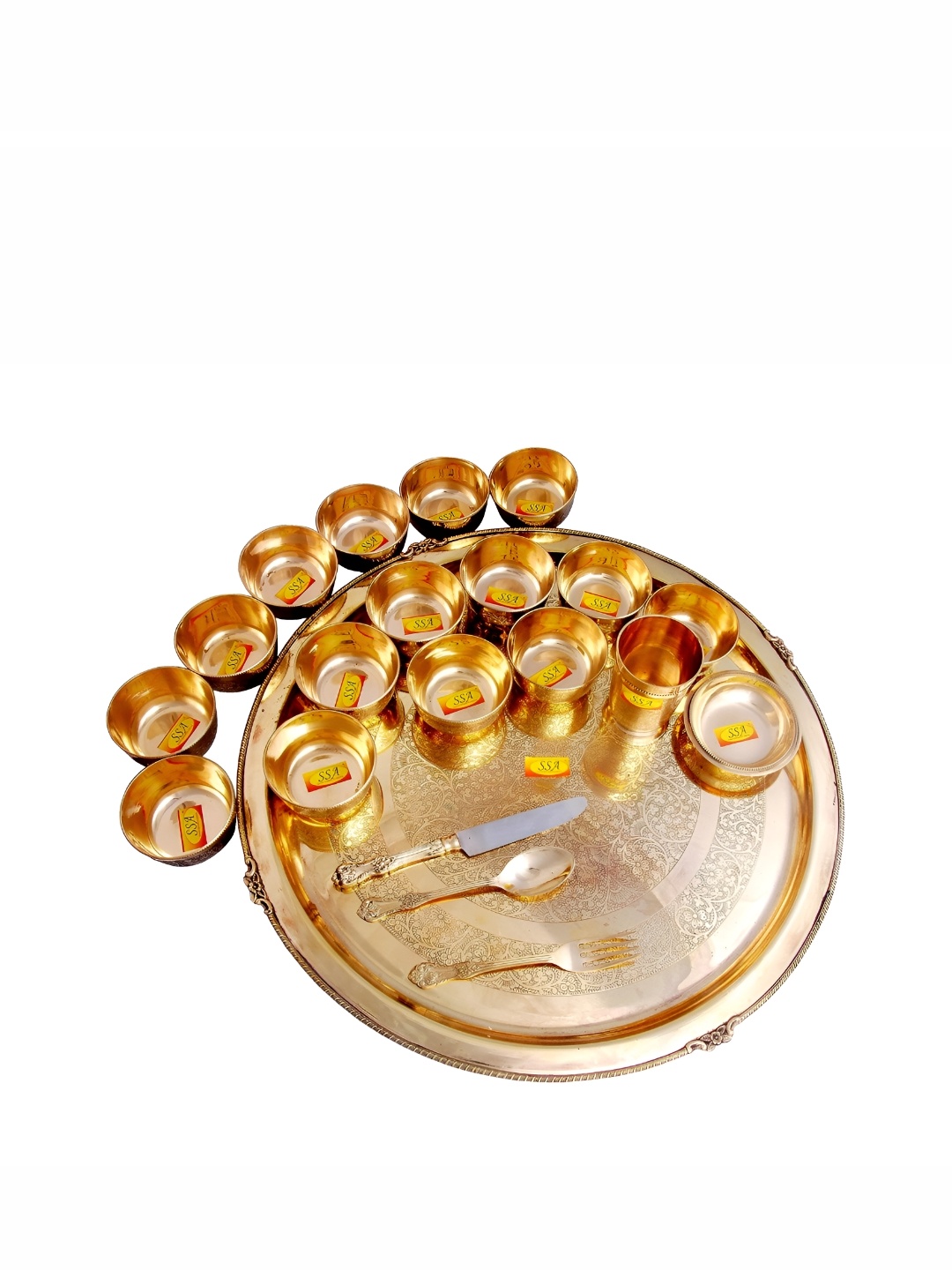 

Shivshakti Arts Copper Toned 21 Textured Brass Pieces Glossy Dinner Set