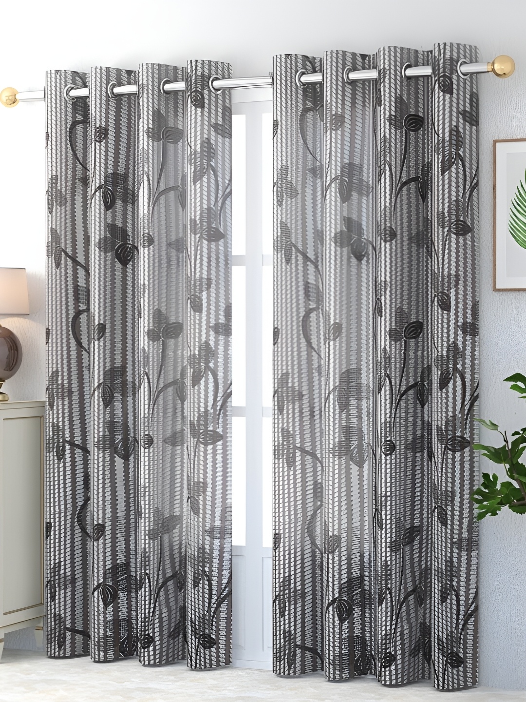 

COMFY HOME Grey & White 2 Pieces Floral Sheer Door Curtains