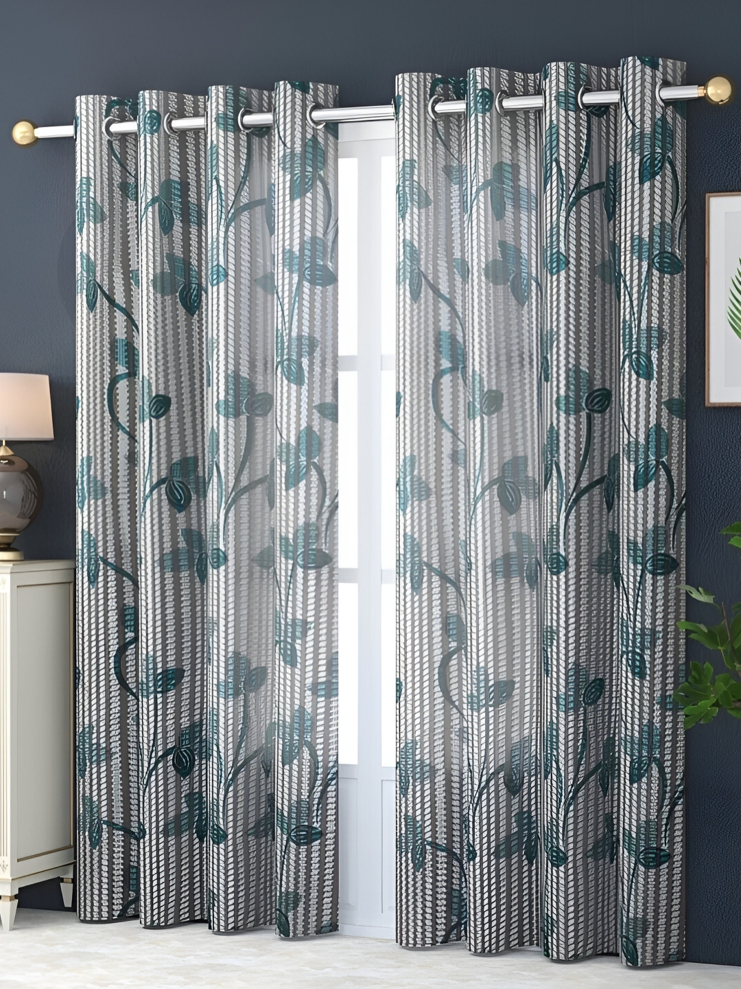 

COMFY HOME Blue & White 2 Pieces Floral Sheer Long Door Curtains