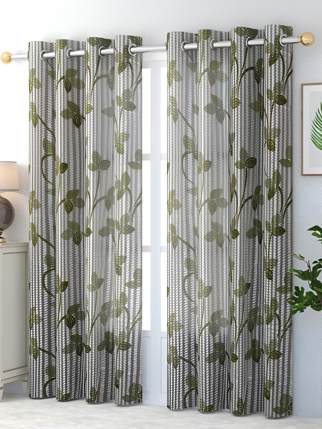 

COMFY HOME Green & White 2 Pieces Floral Sheer Door Curtains