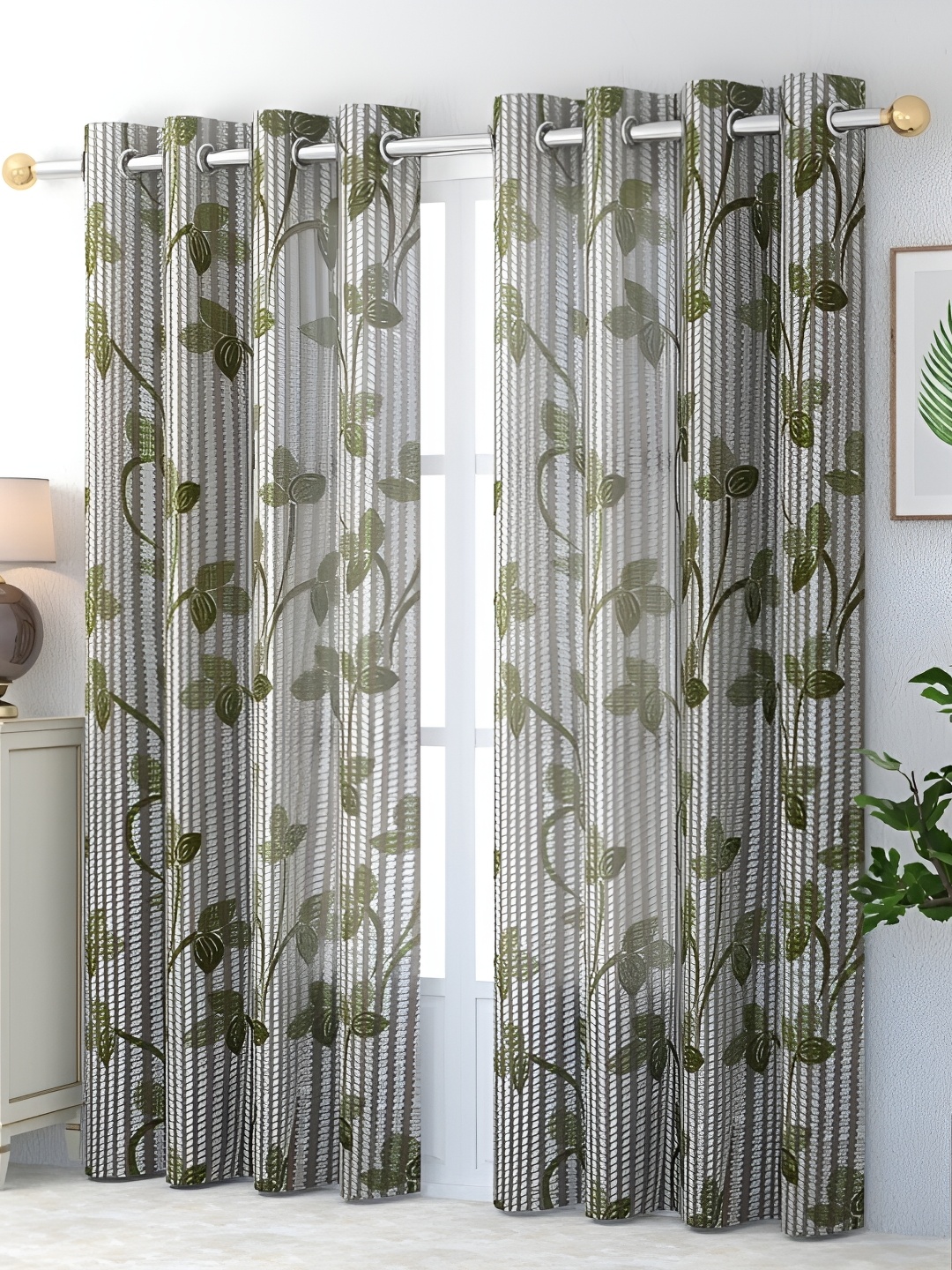 

COMFY HOME Green & White 2 Pieces Floral Sheer Long Door Curtains
