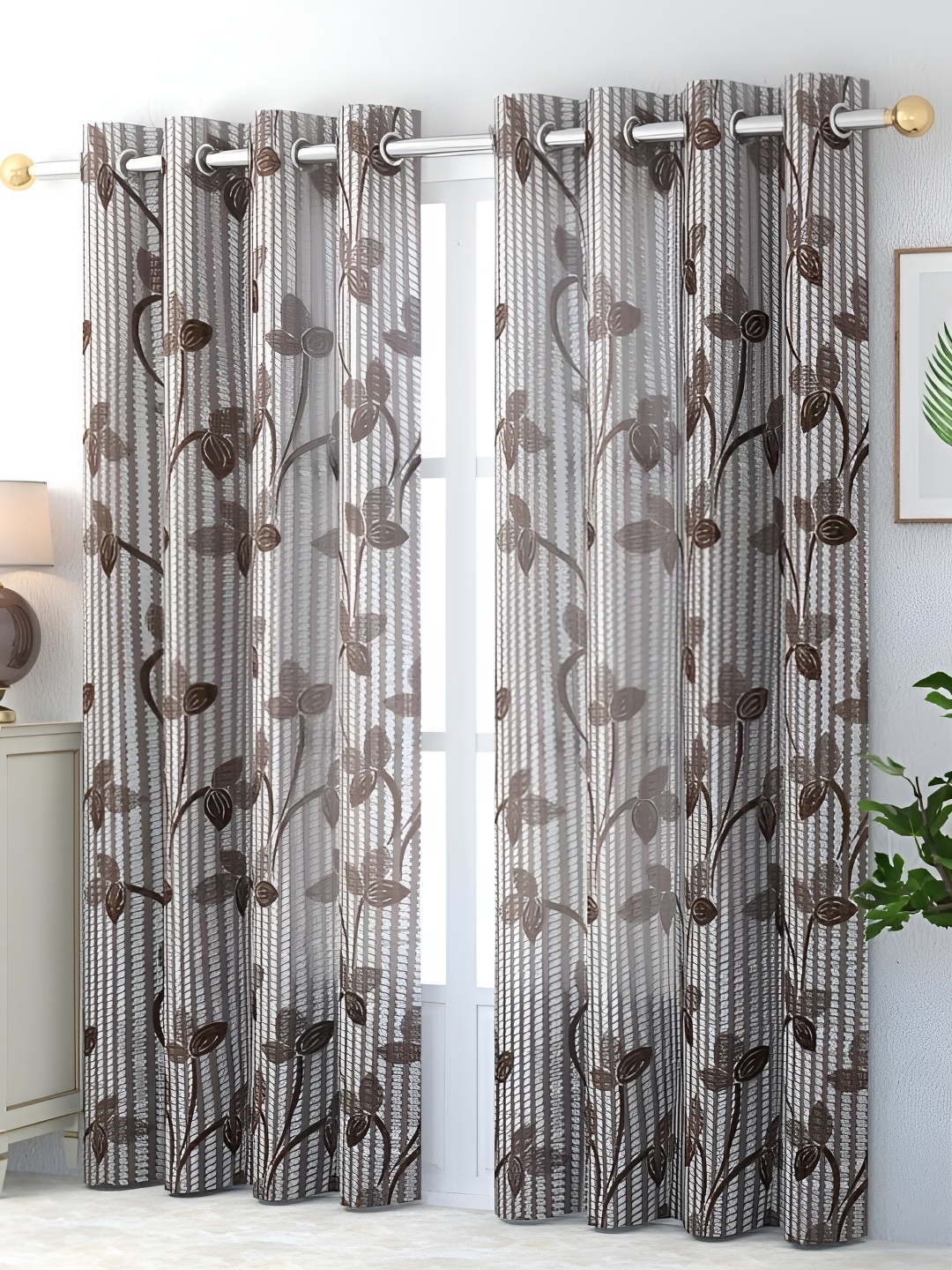 

COMFY HOME Brown & White 2 Pieces Floral Sheer Long Door Curtains