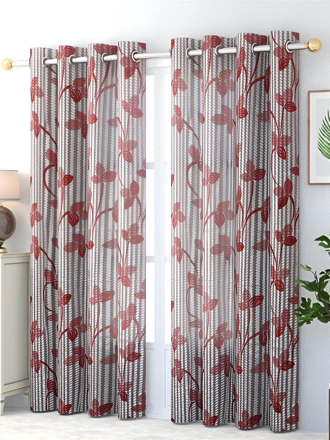 

COMFY HOME Maroon & White 2 Pieces Floral Sheer Long Door Curtains