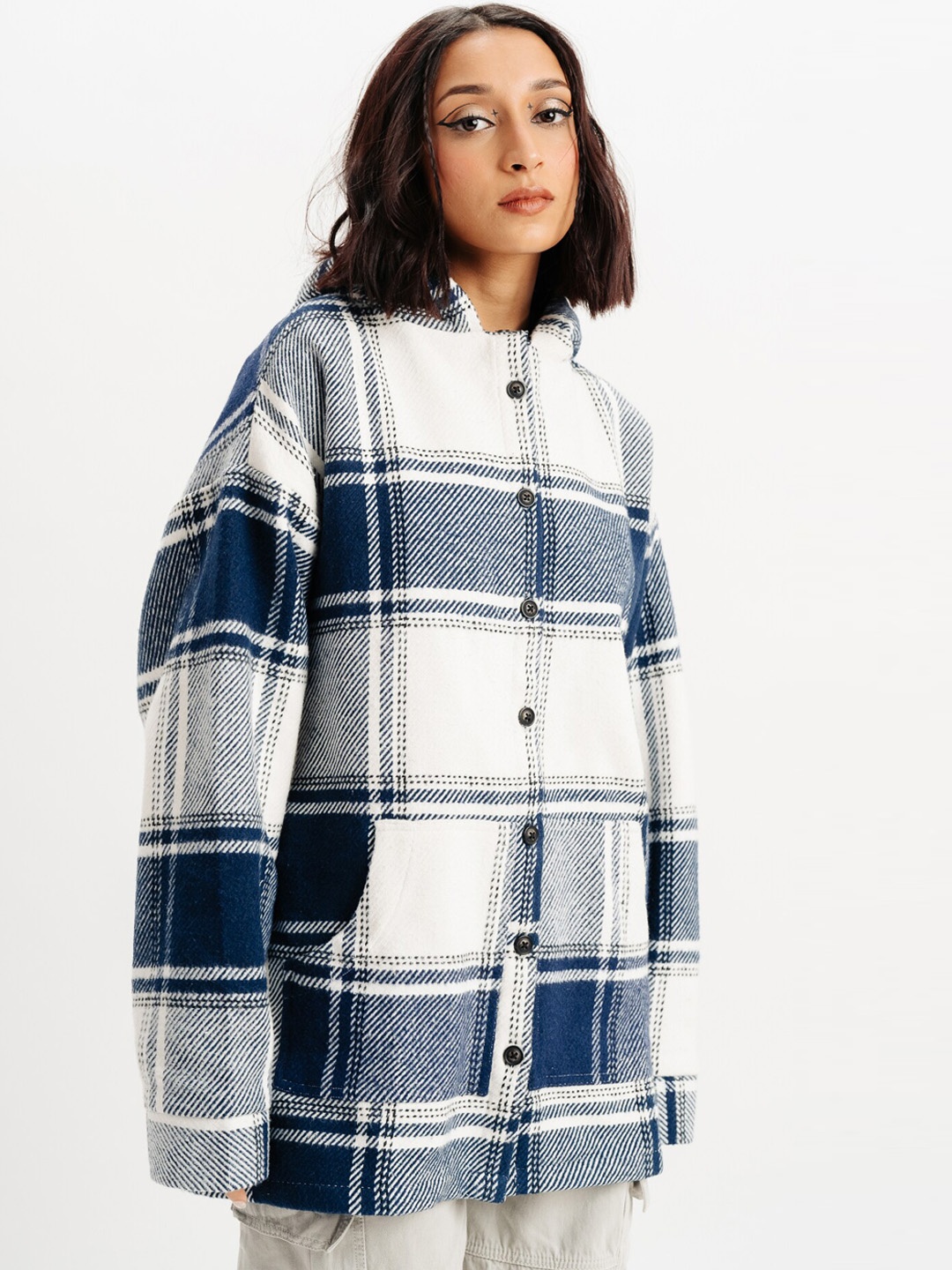 

FREAKINS Checked Hooded Oversized Longline Tailored Jacket, Blue