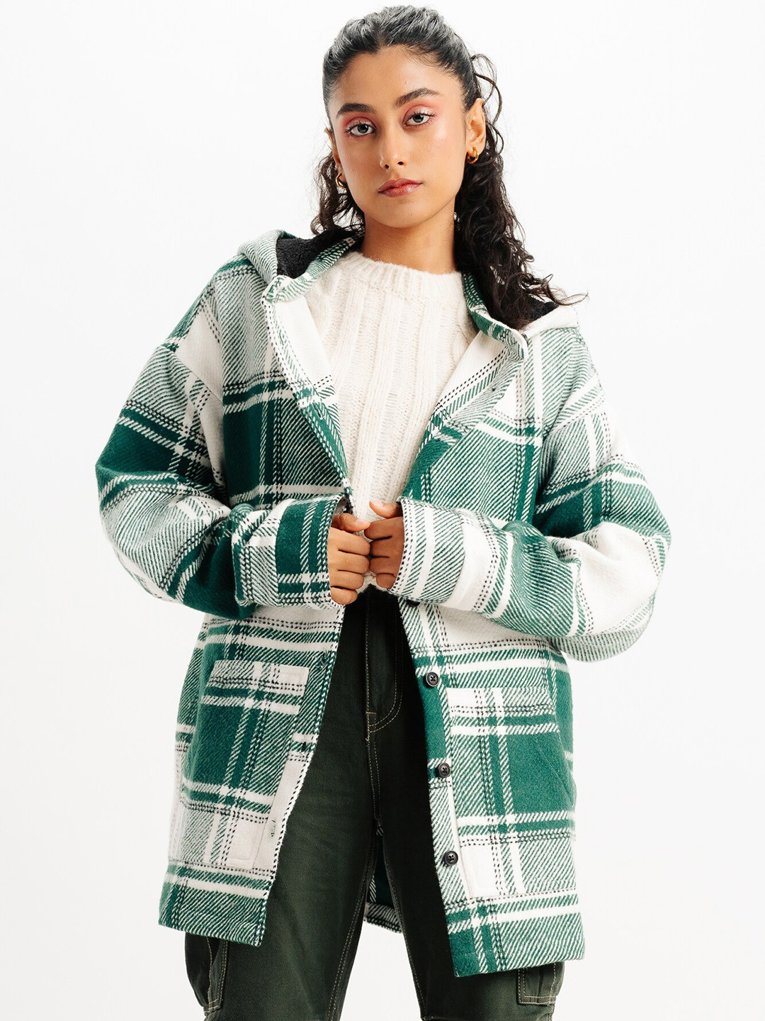 

FREAKINS Unisex Checked Hooded Longline Tailored Jacket, Green