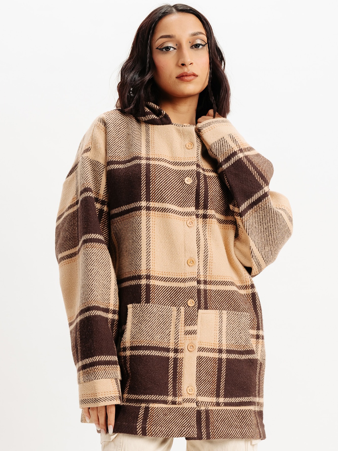 

FREAKINS Unisex Checked Hooded Oversized Longline Tailored Jacket, Brown
