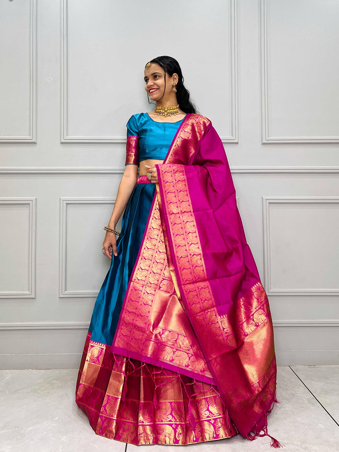 

Fabcartz Woven Design Zari Art Silk Semi-Stitched Lehenga & Unstitched Blouse With Dupatta, Turquoise blue