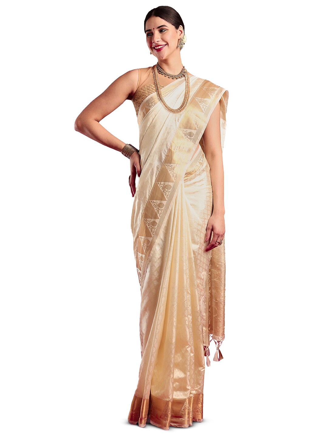 

MIMOSA Ethnic Motifs Woven Design Zari Detail Kasavu Saree, Cream