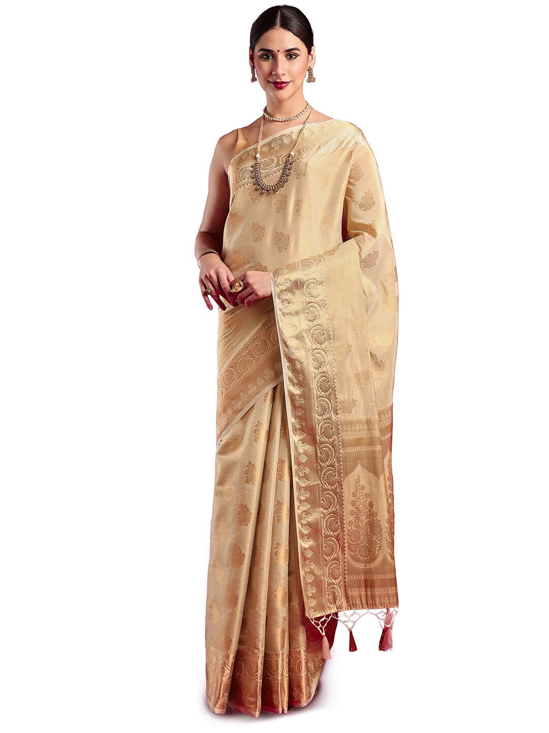 

MIMOSA Ethnic Motifs Woven Design Zari Kanjeevaram Saree, Cream