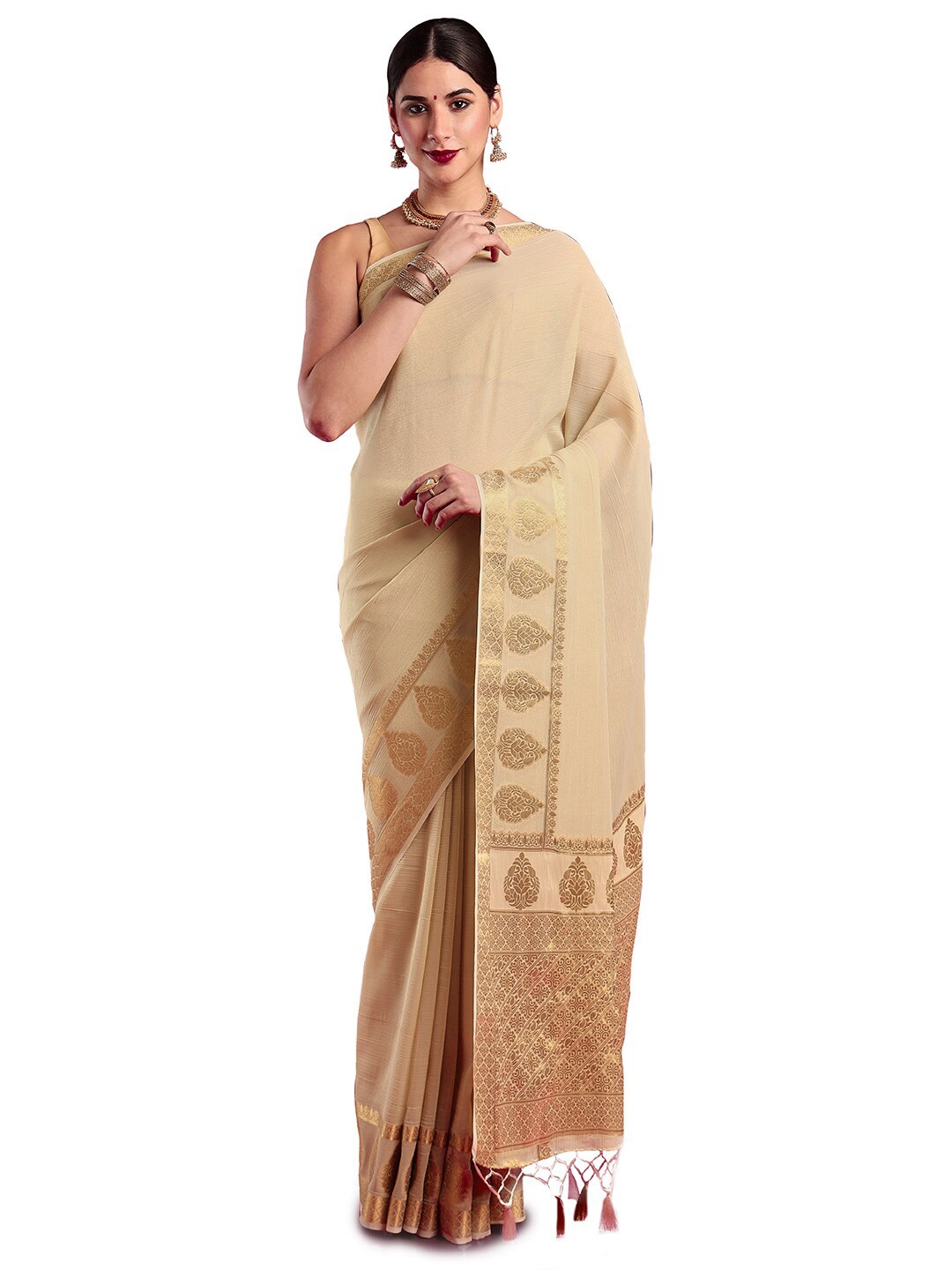 

MIMOSA Solid Zari Kasavu Saree, Cream