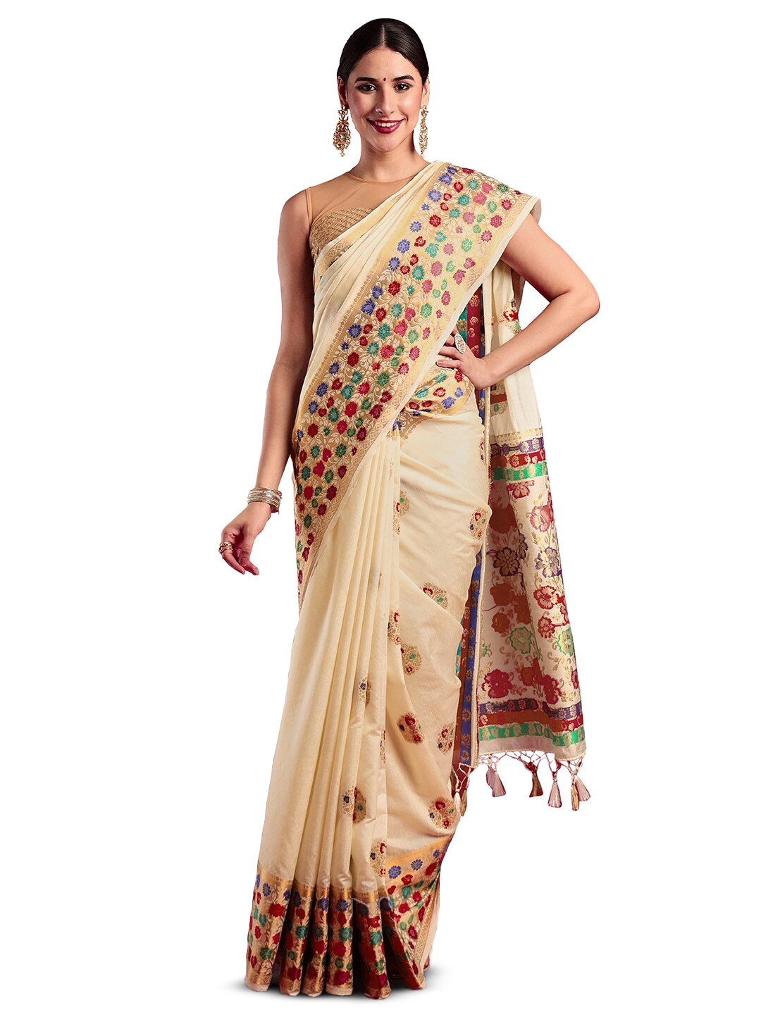 

MIMOSA Ethnic Motifs Woven Design Zari Kanjeevaram Saree, Cream