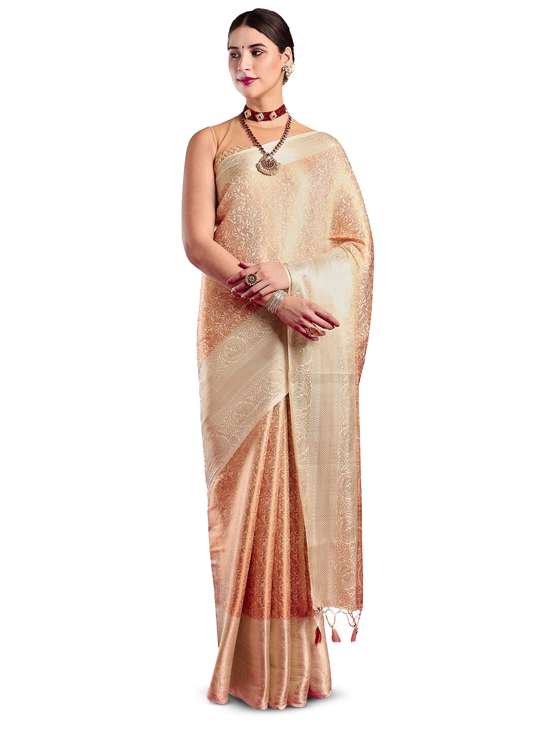 

MIMOSA Ethnic Motifs Woven Design Zari Kanjeevaram Saree, Cream