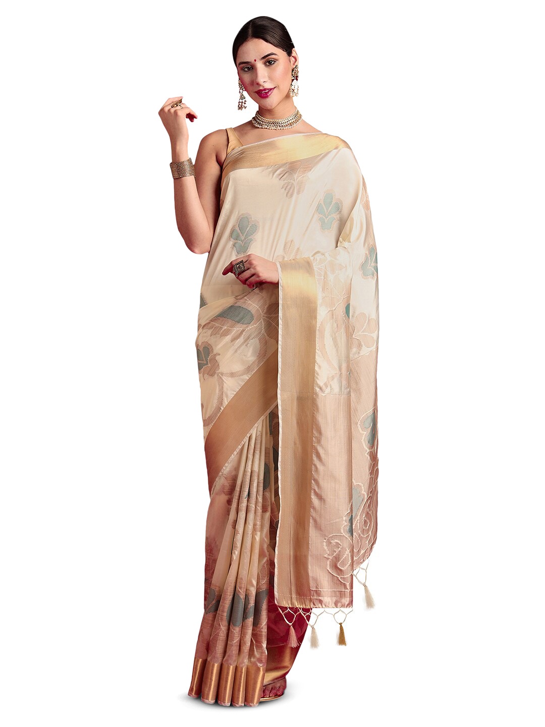 

MIMOSA Ethnic Motif Woven Design Zari Kanjeevaram Saree, Cream