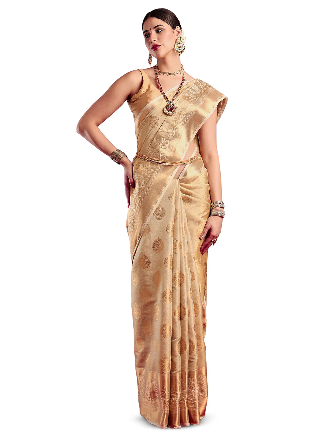 

MIMOSA Ethnic Motif Woven Design Zari Kanjeevaram Saree, Cream