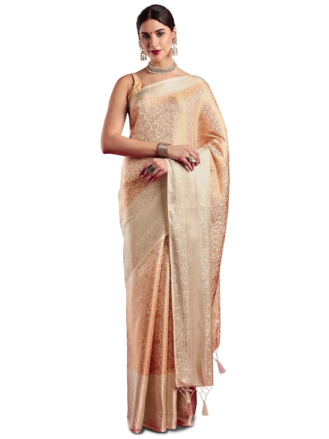 

MIMOSA Floral Woven Designed Zari Kanjeevaram Saree, Cream