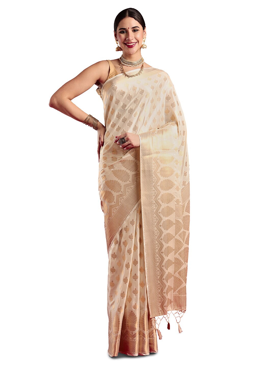 

MIMOSA Ethnic Motifs Woven Designed Zari Kasavu Saree, Cream