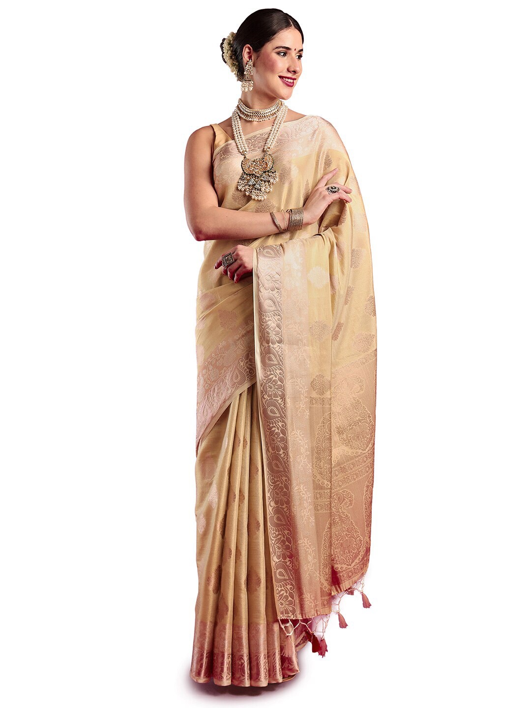 

MIMOSA Ethnic Motifs Woven Designed Zari Kanjeevaram Saree, Cream