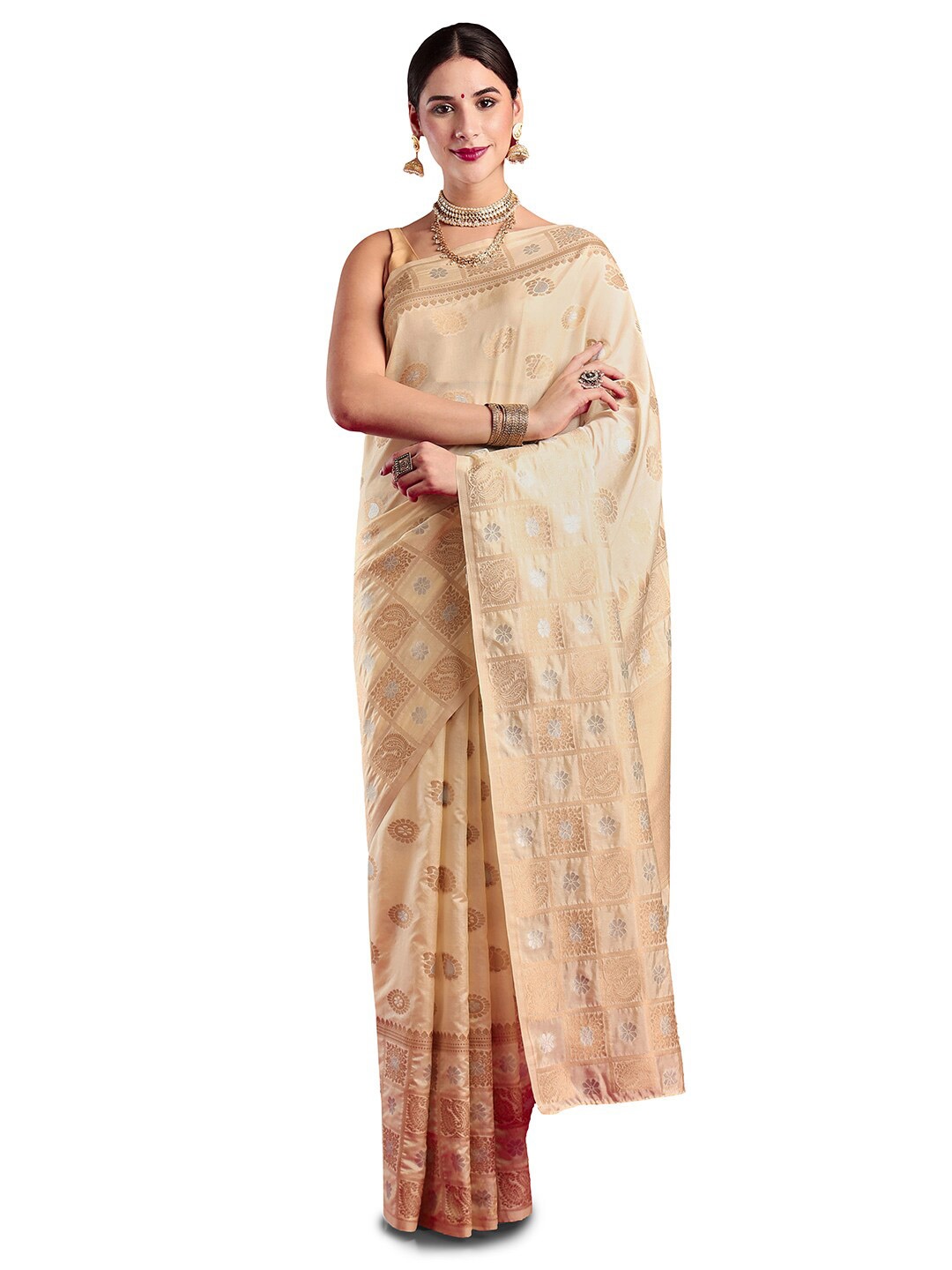 

MIMOSA Ethnic Motifs Woven Designed Zari Kasavu Saree, Cream