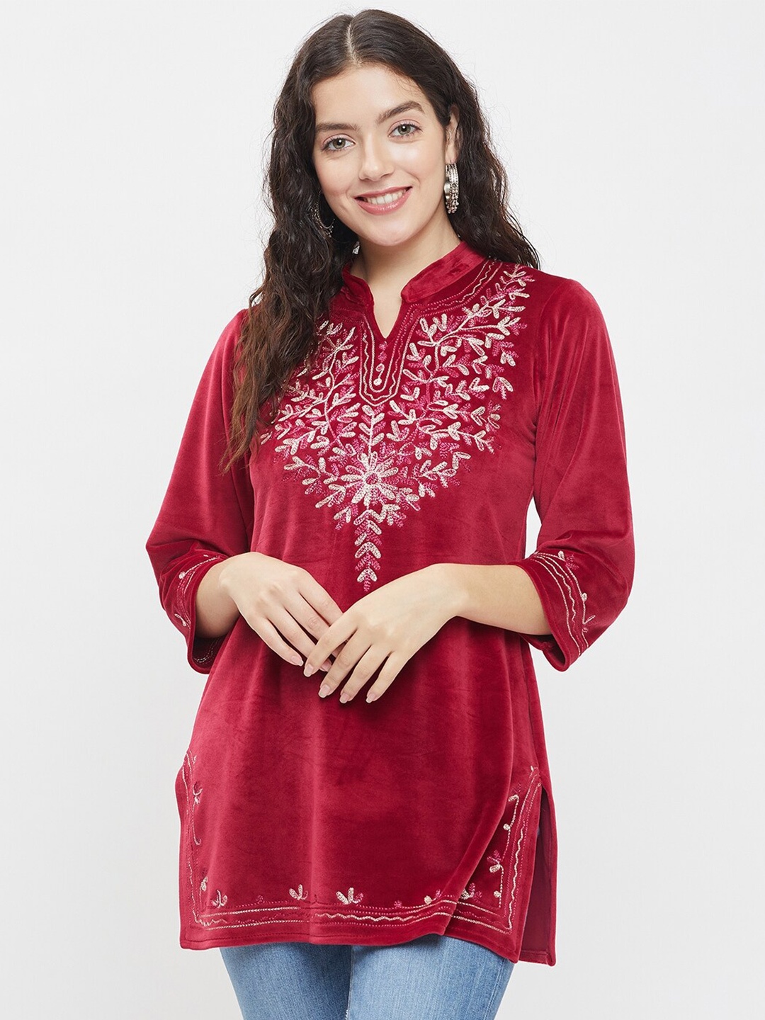 

TULIP 21 Floral Embroidered Velvet Kurti, Maroon