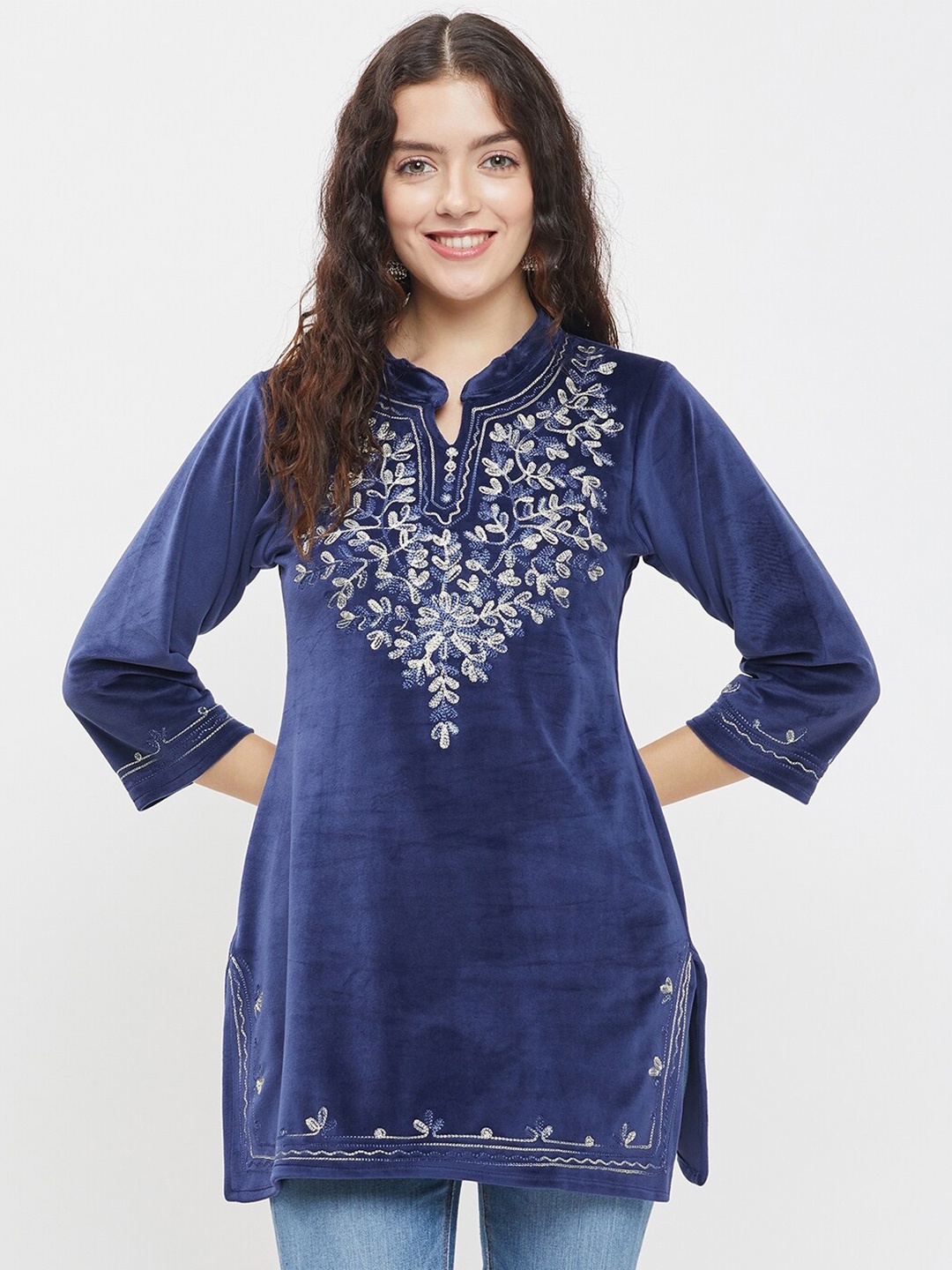 

TULIP 21 Floral Embroidered Velvet Straight Kurti, Navy blue