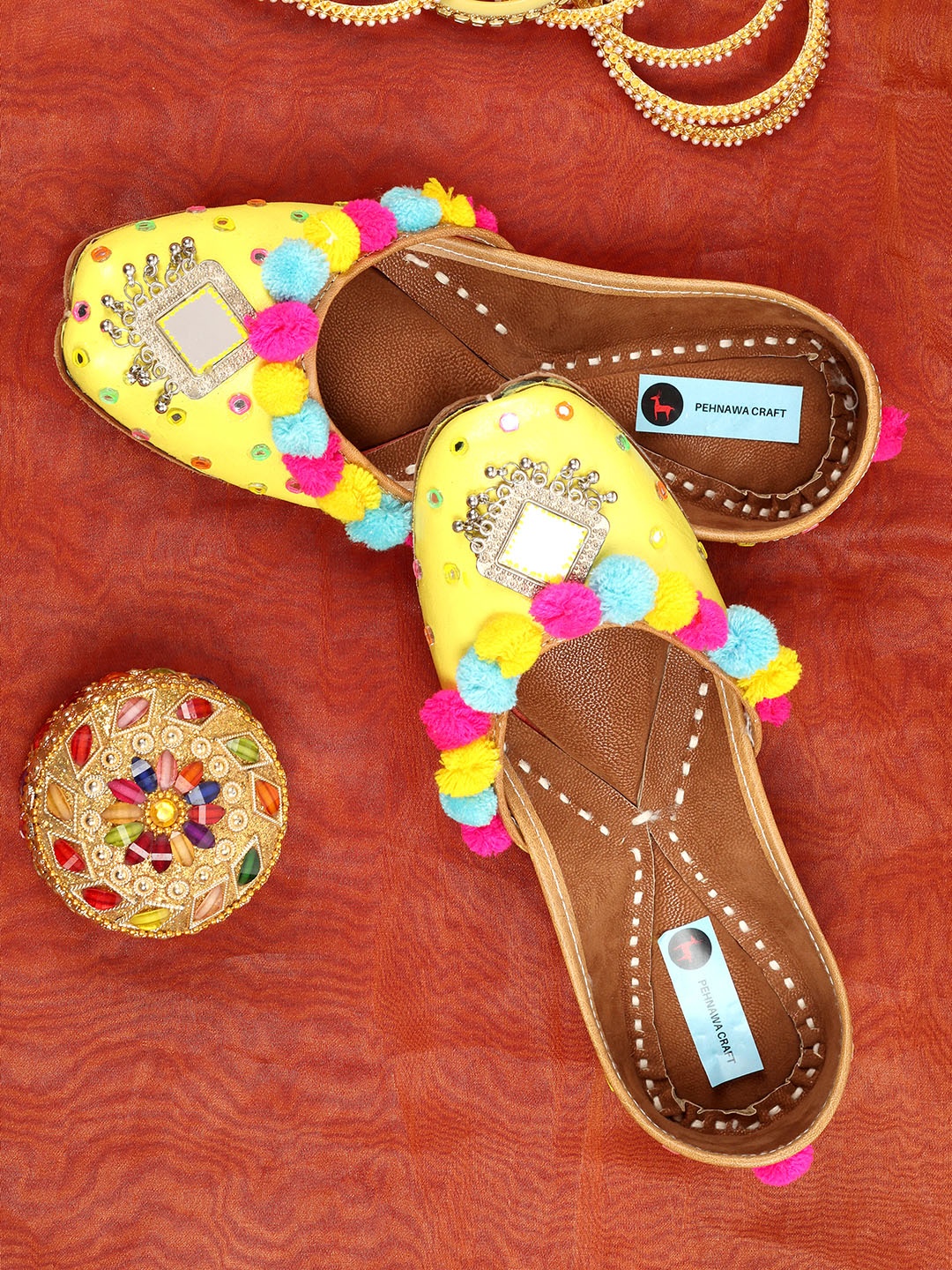 

PehnawaCraft Embellished Leather Mojaris, Yellow