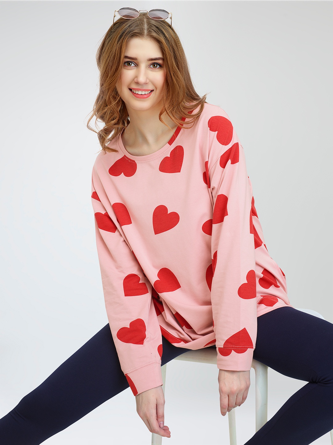 

Zeyo Floral Printed Pure Cotton Sweatshirt With Leggings, Pink