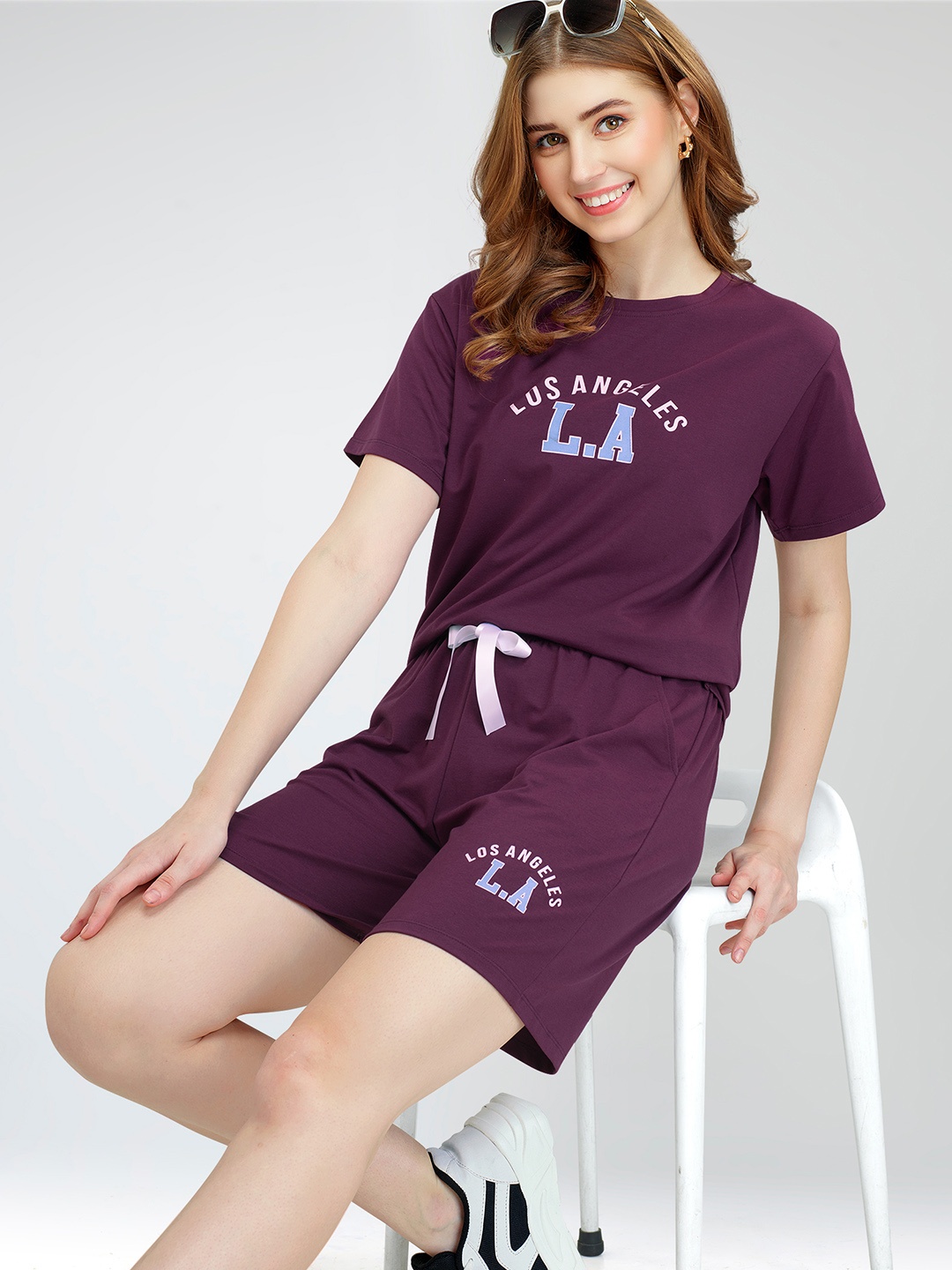 Zeyo Women Printed Co-Ords, Burgundy