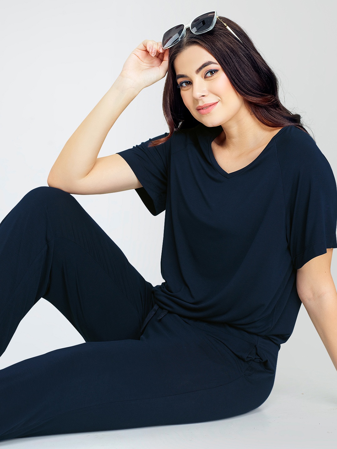 

Zeyo Round Neck Short Sleeves Night Suit, Blue