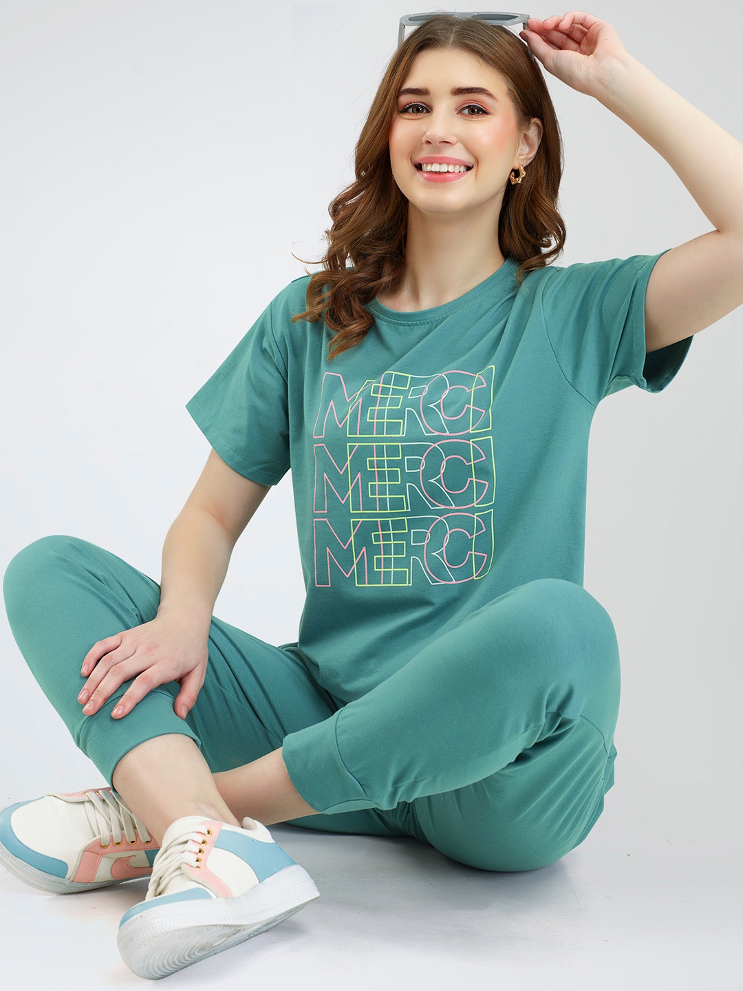 Zeyo Typography Printed Co-Ords, Green