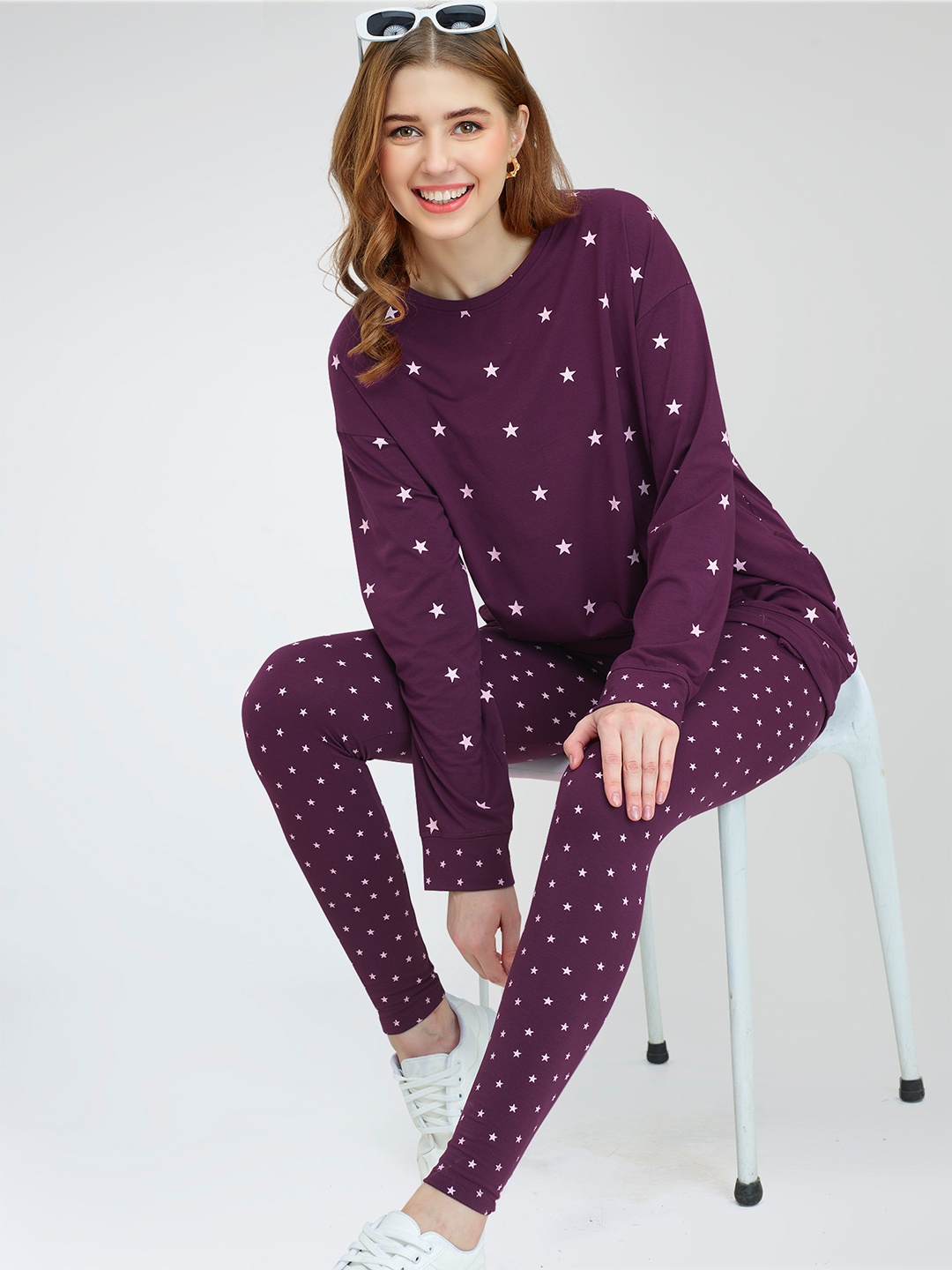 

Zeyo Printed Round Neck Co-Ords, Purple