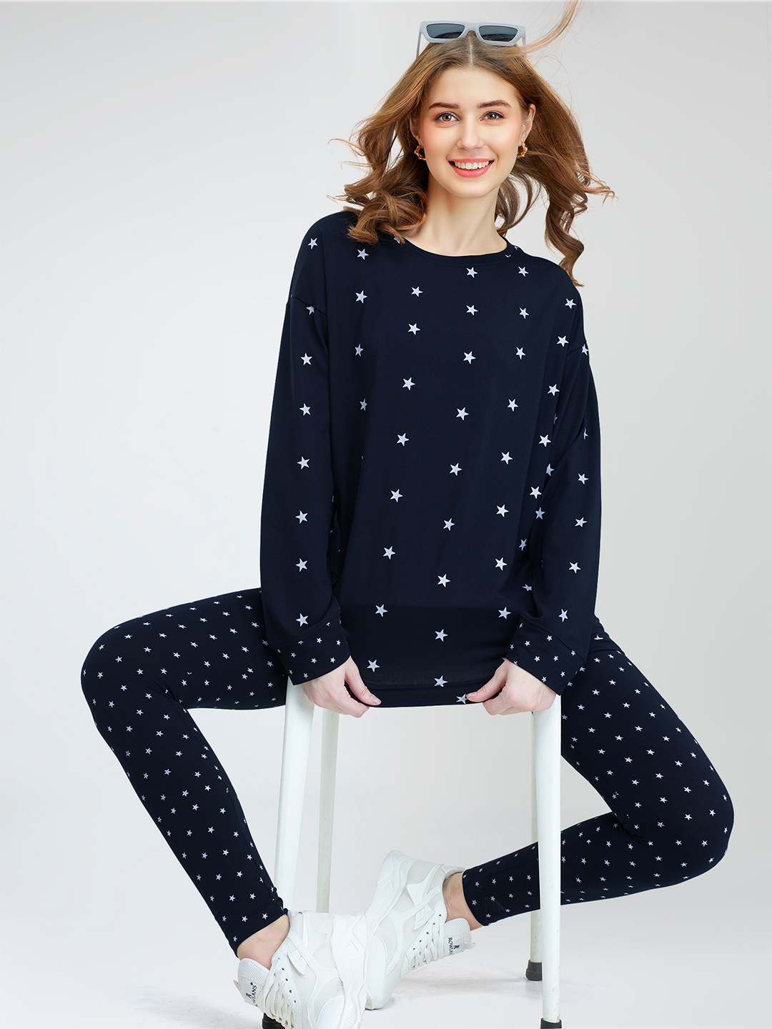 

Zeyo Printed Round Neck Co-Ords, Navy blue