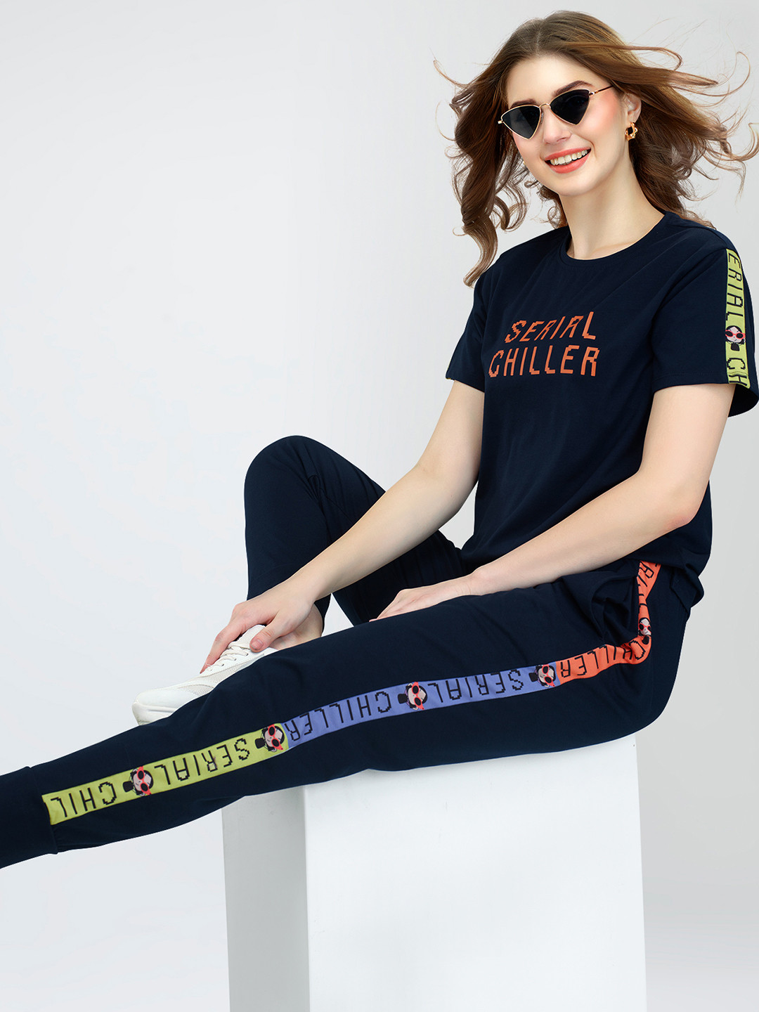 

Zeyo Typography Printed Co-Ords, Navy blue