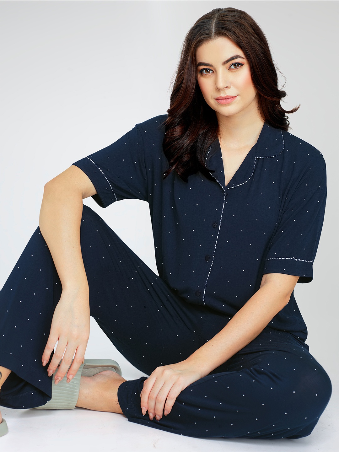 

Zeyo Polka Dots Printed Lapel Collar Shirt With Pyjamas, Blue