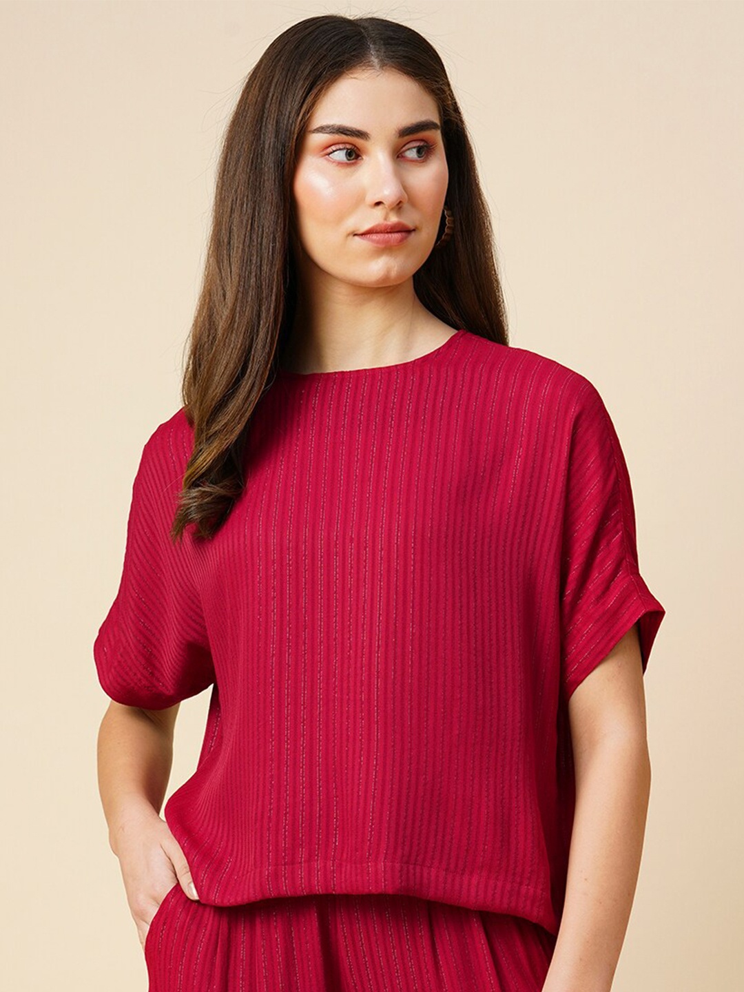 

Chemistry Striped Extended Sleeves Top, Red