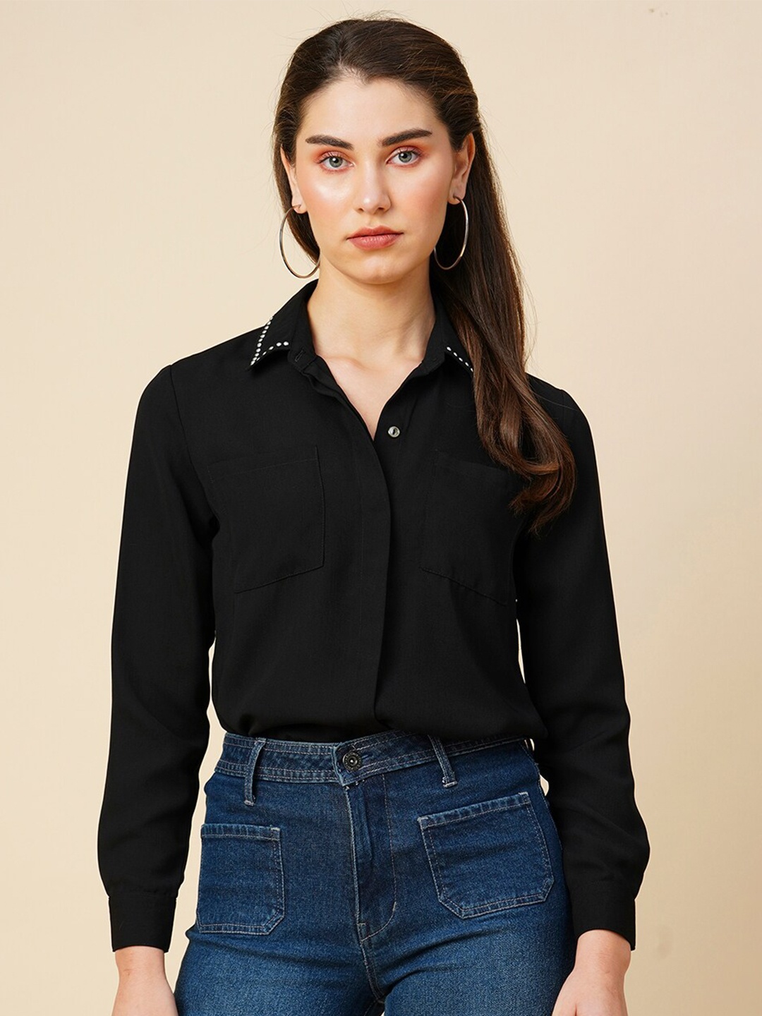 

Chemistry Shirt Collar Cuffed Sleeves Studded Shirt Style Top, Black