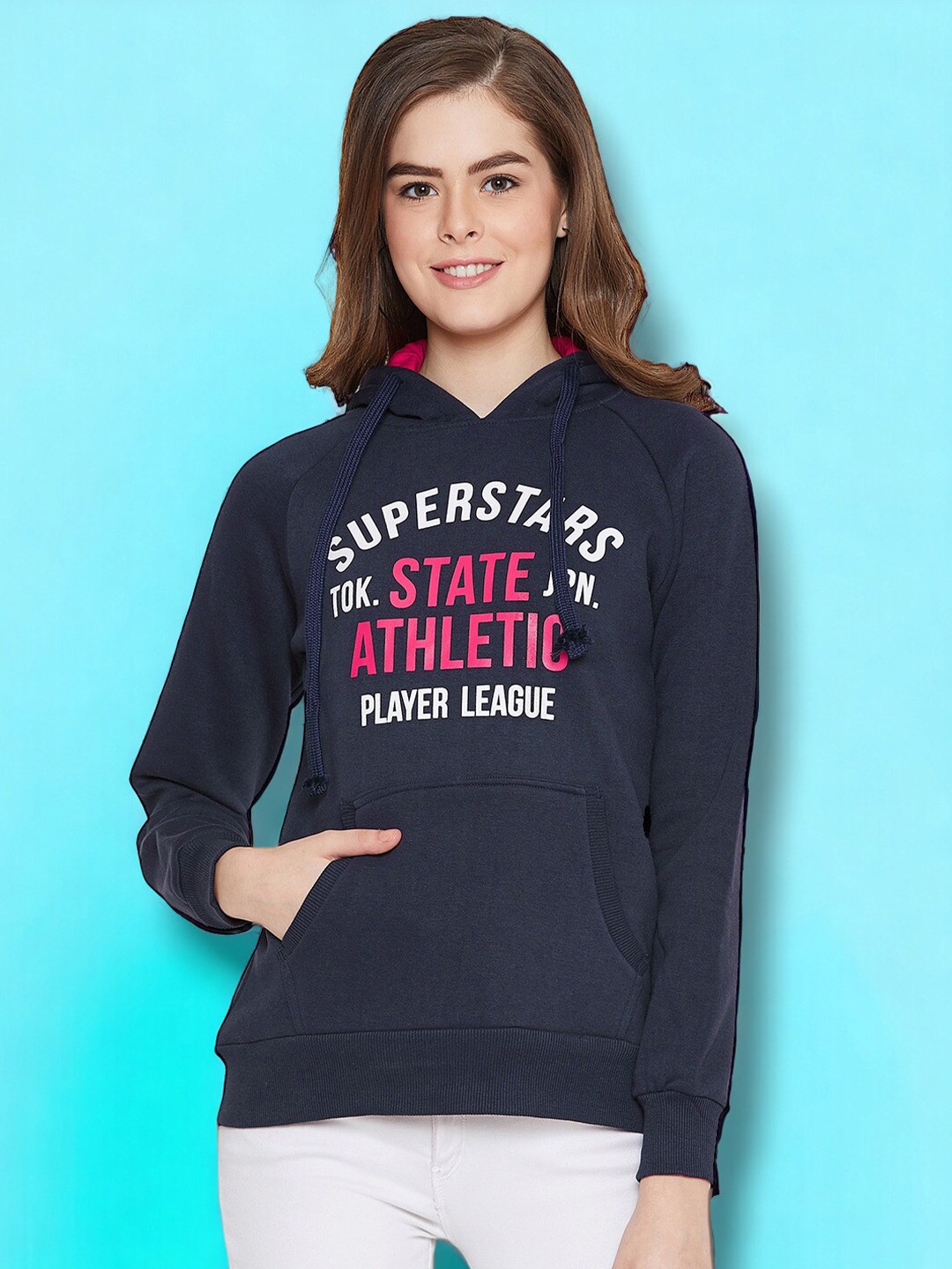 

Austin wood Typography Printed Hooded Cotton Sweatshirt, Navy blue