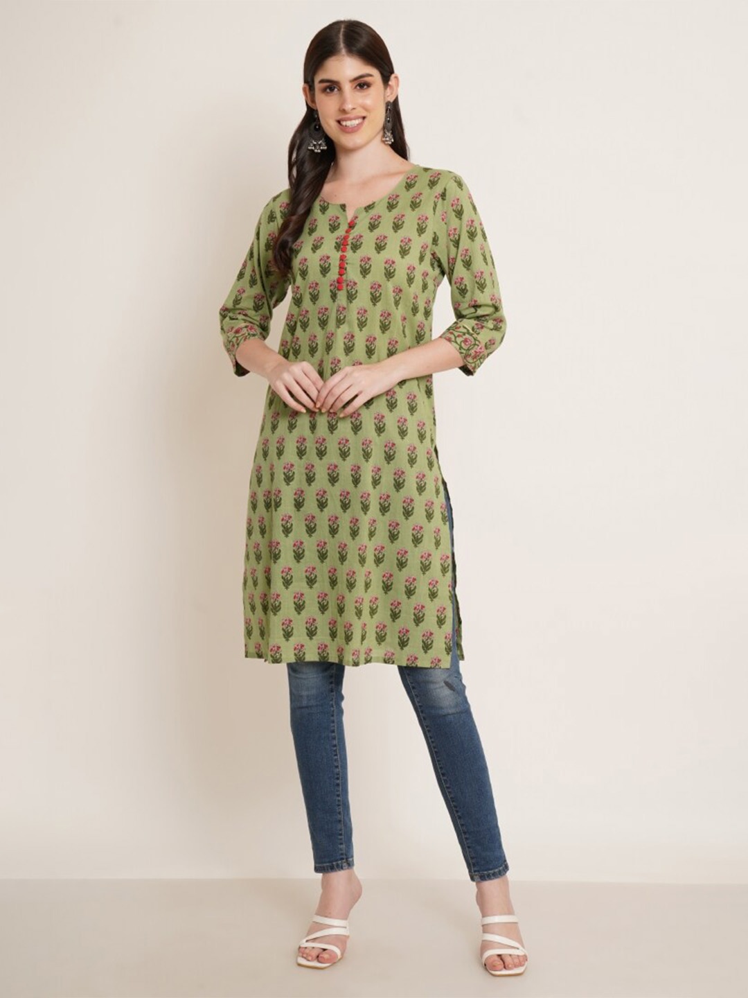 

COTLAND FASHION Floral Printed Cotton Straight Kurta, Green