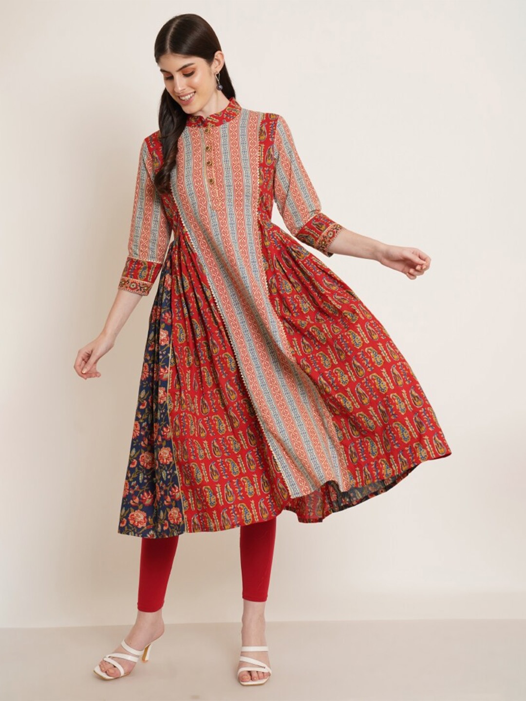 

COTLAND FASHION Ethnic Motifs Printed A-Line Cotton Kurta, Red