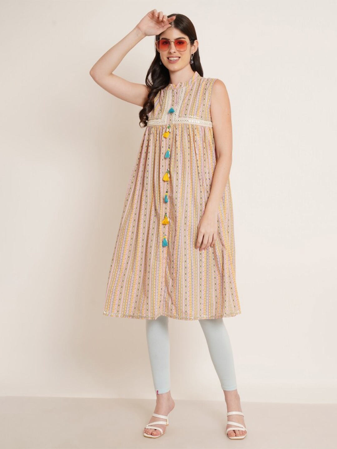 

COTLAND FASHION Abstract Printed Mirror Work Cotton A-Line Kurta, Beige
