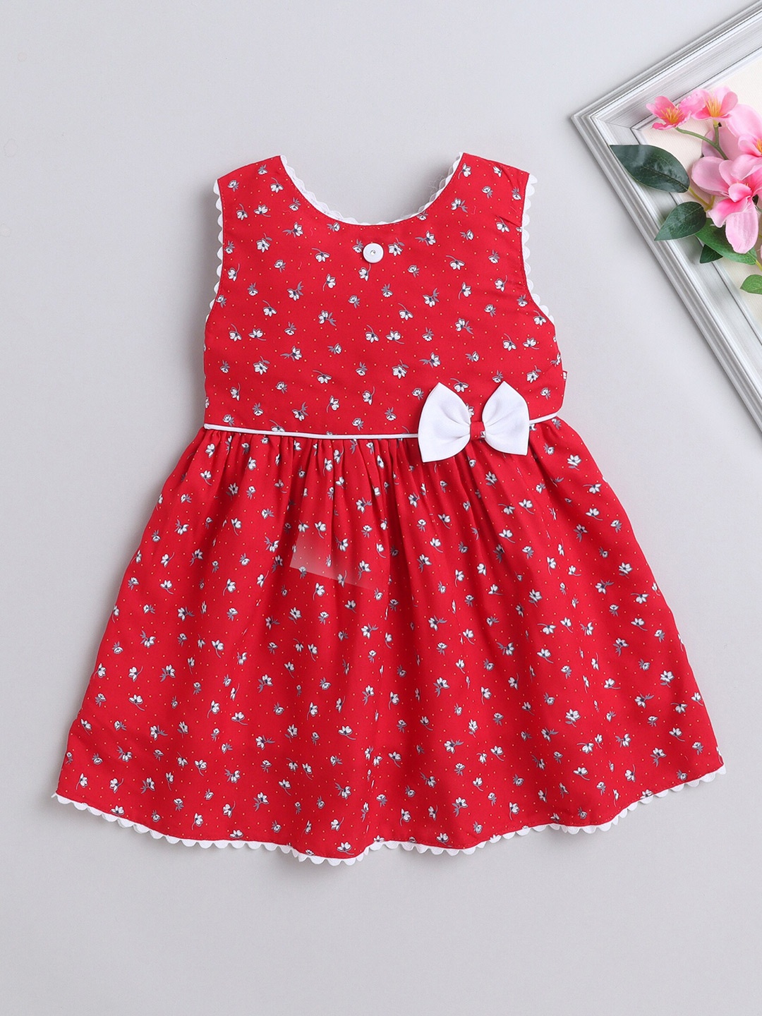 

The Magic Wand Girls Floral Printed Round Neck Cotton Fit & Flare Dress, Red