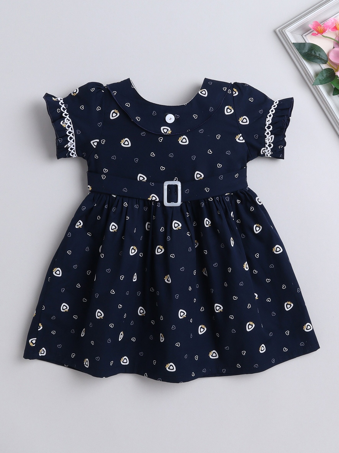 

The Magic Wand Infant Girls Conversational Printed Puff Sleeves Fit & Flare Cotton Dress, Navy blue