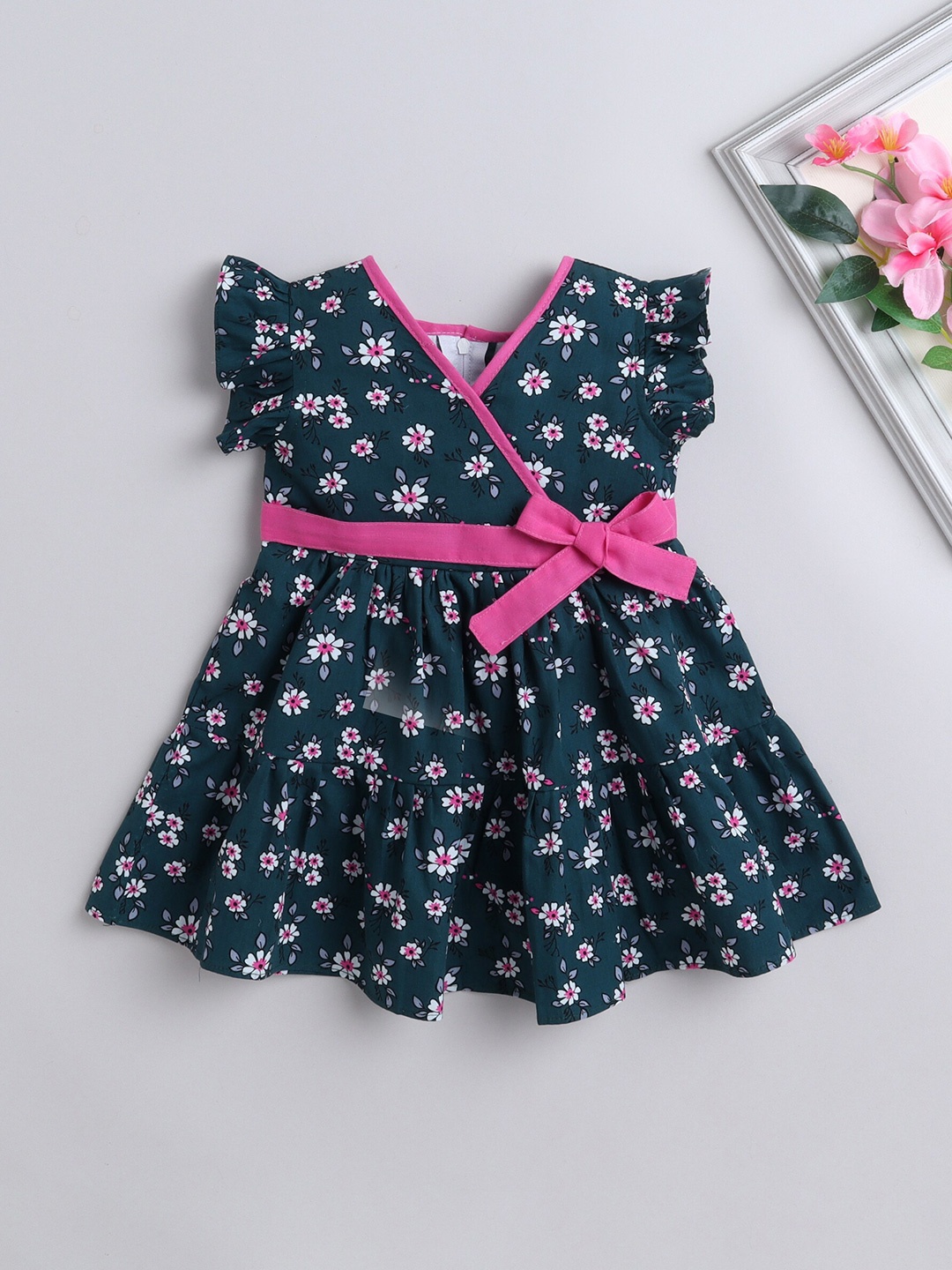 

The Magic Wand Infants Girls Floral Printed Cotton A-Line Dress, Teal