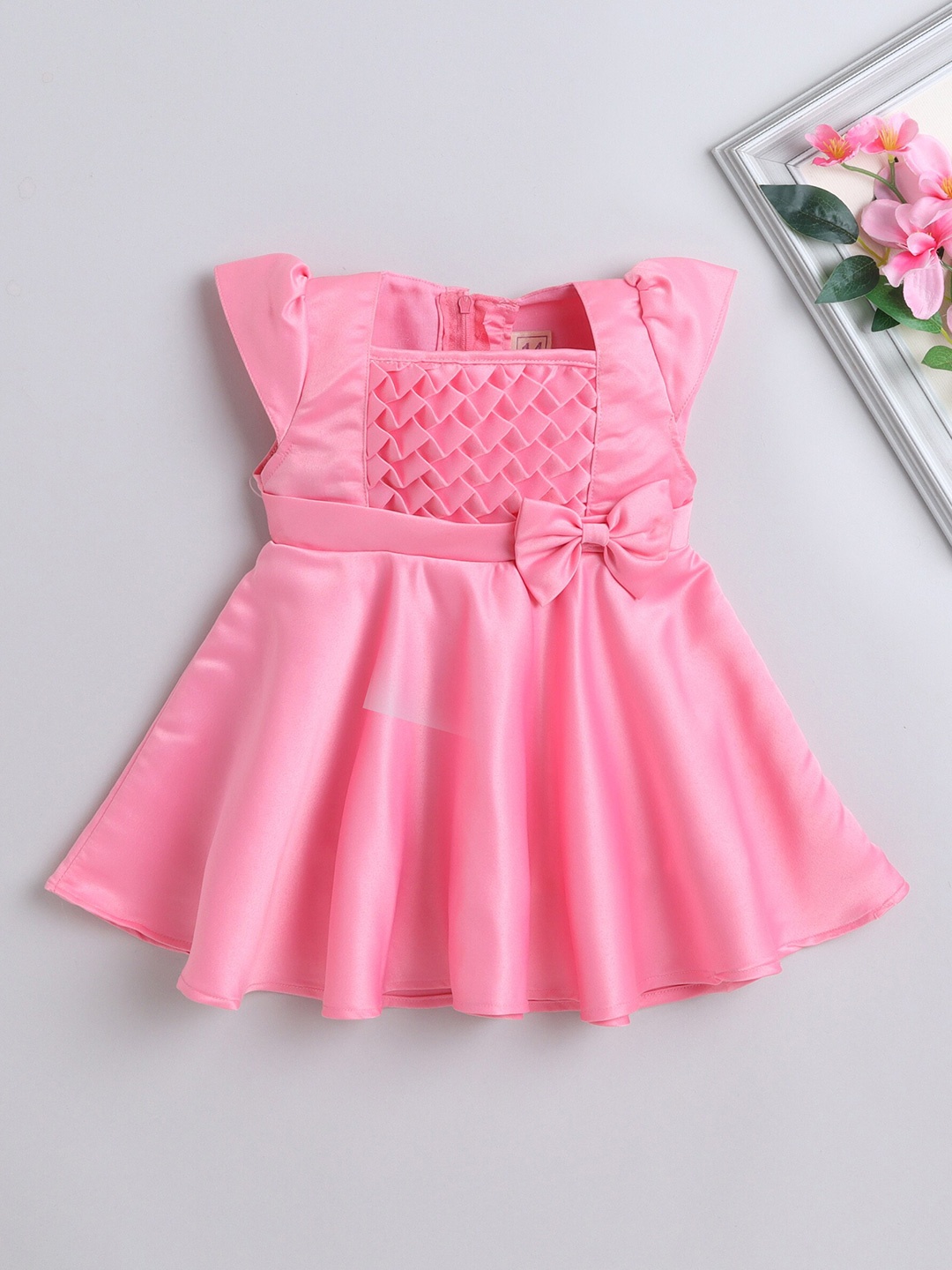 

The Magic Wand Girls Gathered Flutter Sleeves Cotton Fit & Flare Dress, Pink
