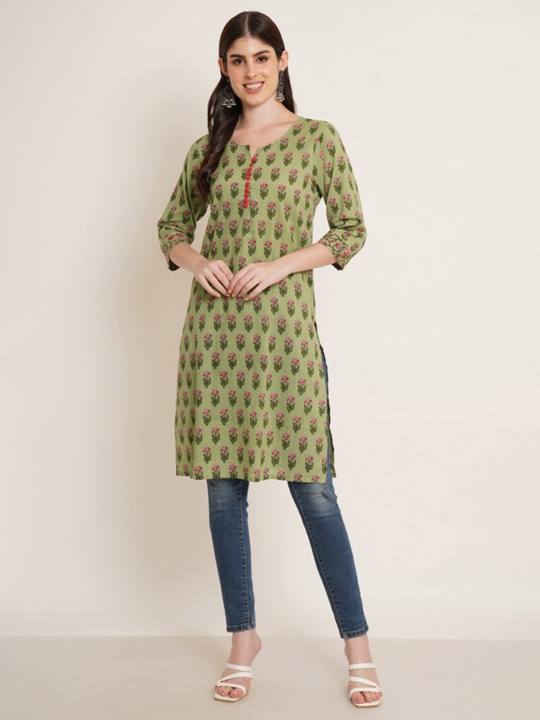 

KALINI Ethnic Motifs Printed Cotton Straight Kurta, Green