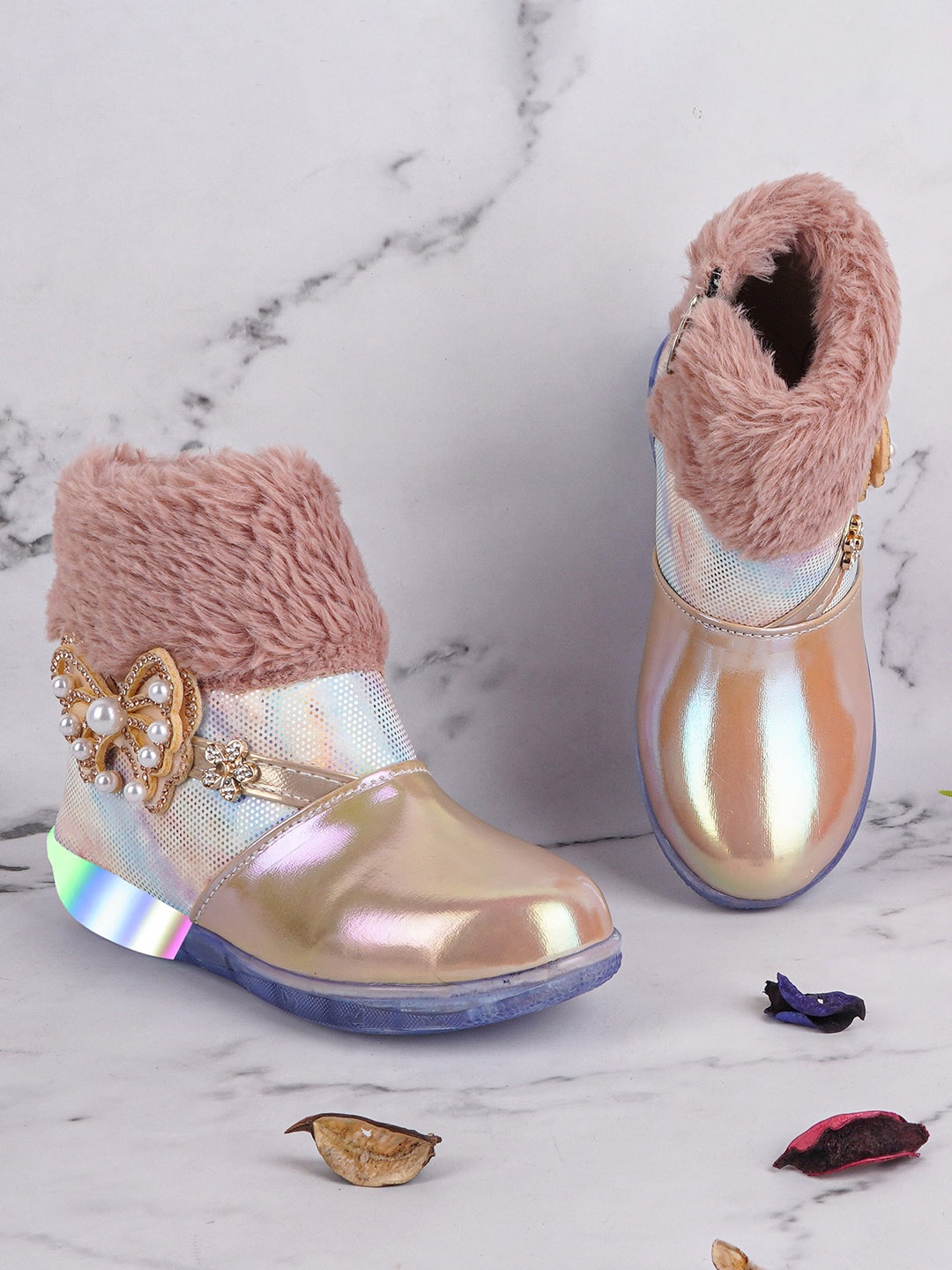 

BAESD Girls Mid Top Embellished Faux Fur Trim Winter Boots With LED Lights, Gold