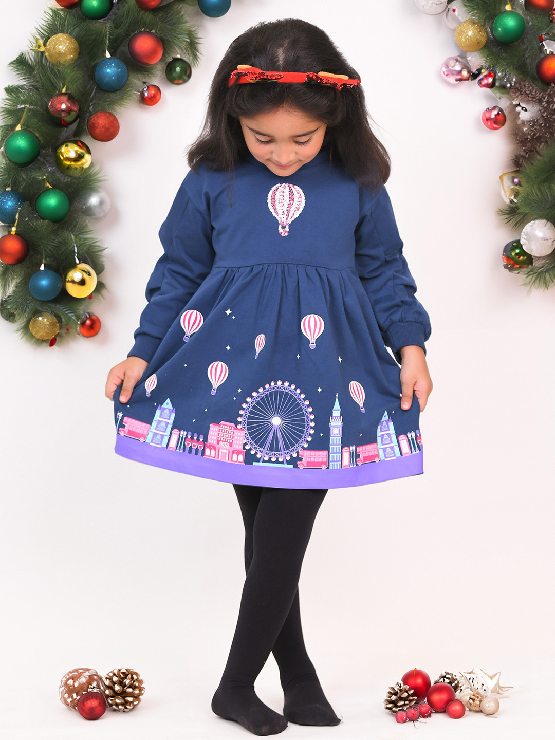 

Little Carrot Girls Graphic Printed Cotton Fit & Flare Dress, Blue